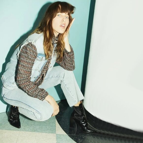 NWT Current / Elliott contrasting denim & tweed short light wash jean jacket - Picture 6 of 16